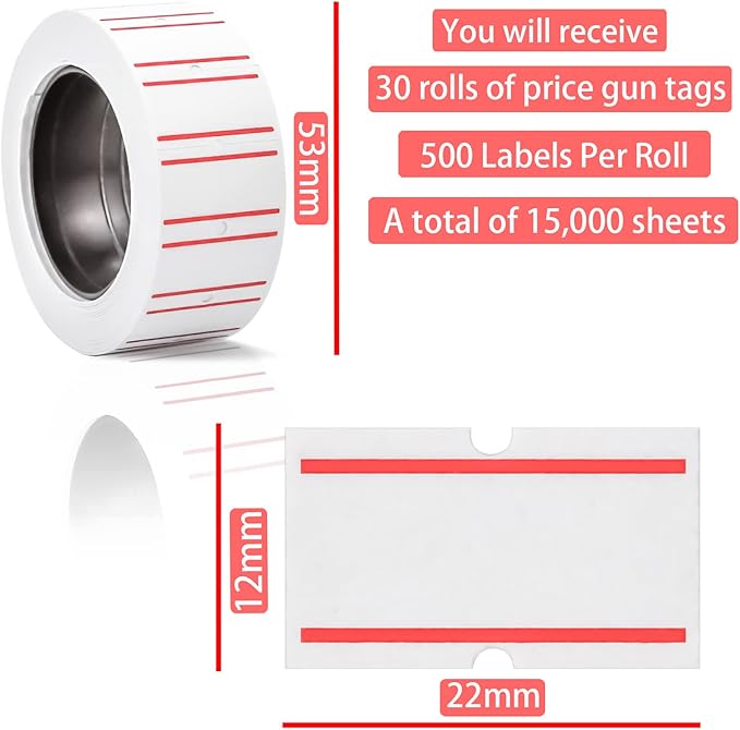 MotBach 15000Pcs 30Rolls Price Stickers Price Tags Labels for Mx-5500 Labeller, White Price Gun Labels Stickers Tags White Pricemarker Machine Sticker Label tag