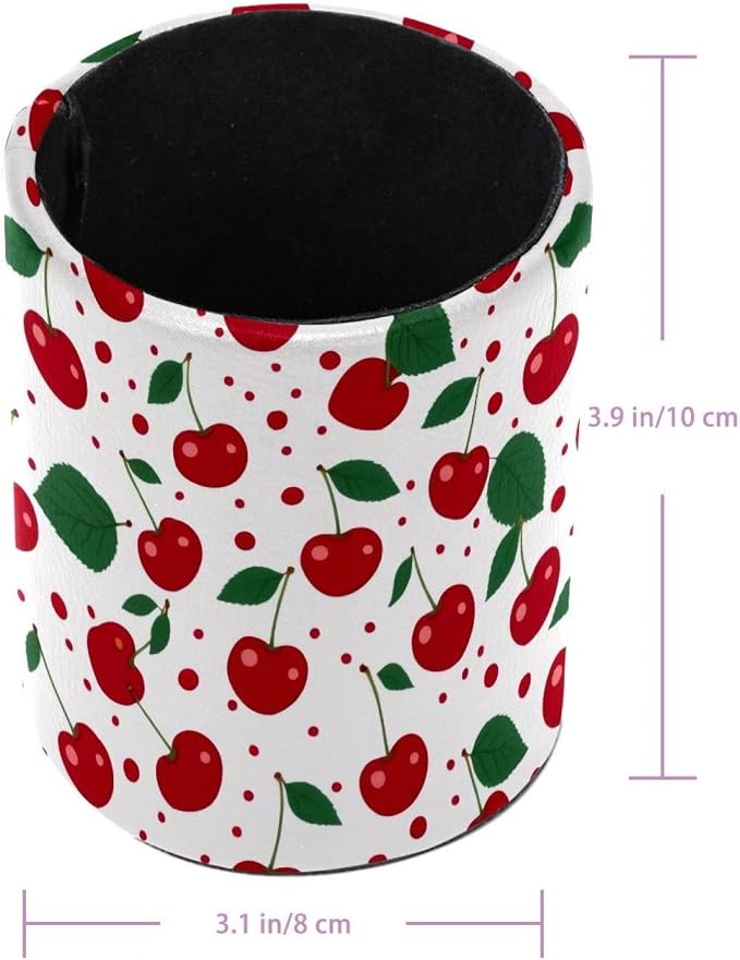 Pen Holder for Desk, Cherries Leather Desk Organizer Makeup Brushes Cup, Pen Cup Pencil Holders, Desktop Supplies and Accessories, Office&Home Organizer