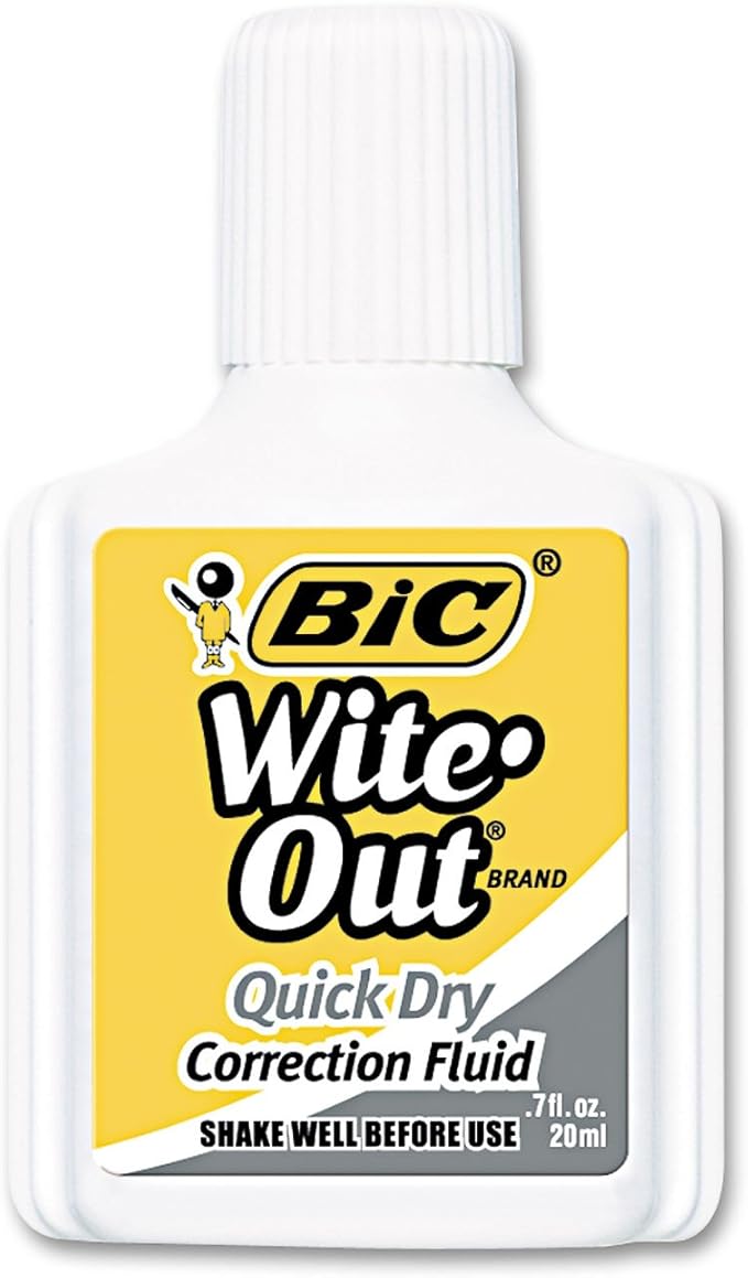 BIC Wite-Out Quick Dry Correction Fluid, 20 mL, White, Goes On Easy With A Reduced Dry Time, 3-Count Pack