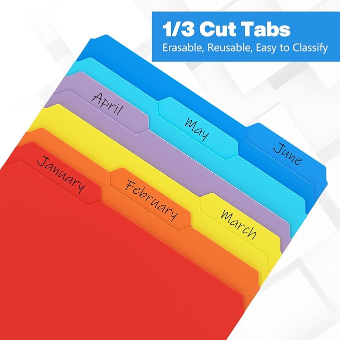 KTRIO 6 Pack Plastic File Folders, Letter Size, 1/3-Cut Tabs, Bright Colors | Water-Resistant PP, Expandable 150+ Pages, Reusable 1/3-Cut Tabs, Letter Size Fit, Vibrant Color Coding