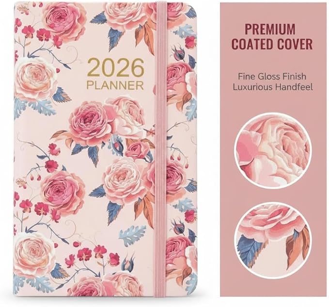 A6 2026 Daily Weekly Monthly Annual Planner with Pink Flower, Small Pocket Planner Notebook Agenda Book For Women