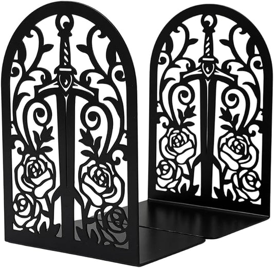Book Ends, Bookends, Book Ends for Shelves, 2Pair Non Skid Metal Book Divider Decorative Holder, Abstract Art Desgin Book Stopper Supports for Office, Home (Sword Rose)