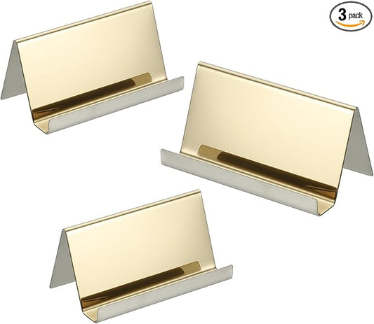 PATIKIL Business Card Holder for Desk, 3Pcs Business Card Holders Stainless Steel Card Stand Organizer Cards Display for Office Exhibition, Gold Tone