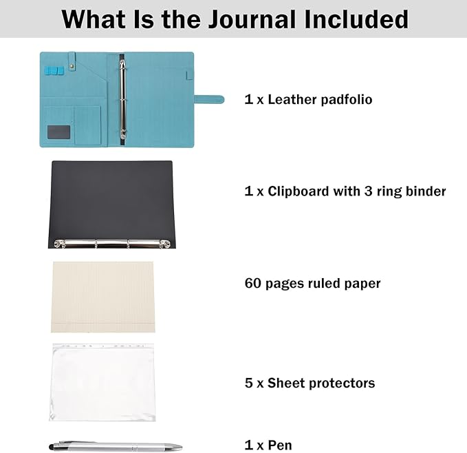 Wonderpool A4 PU Leather Portfolio Holder Ring File Document Case with Removable Binder Clipboard, Multi Pocket and Legal Pad for Business Organizer Interview and Meeting (Light Blue)