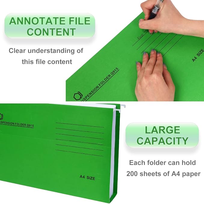 A4 Hanging File Folders, 25 Pcs Recycled Card File Folders for Filing Cabinet with Tabs and Card Inserts, Hanging Files Storage Folders for Office and School, Green
