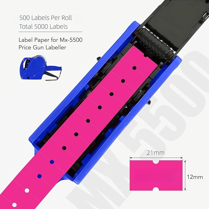 MX-5500 Price Labels, Adhesive Sticker Marker Label, 10 Rolls Sticky Paper Labels for Price and Date Guns,1 Line 5000 Labels, 1pcs Ink Roll Included Pink