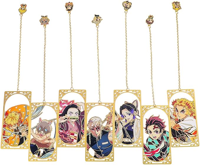 Demon Kamado Bookmark Page Mark, Anime Tanjiron Zenitsu Giyuu Kyoujurou Figure Hollowed-Out Metal Book Mark Reading Tool, Stationery Gifts for Reading Lovers Bookworm (7pcs)