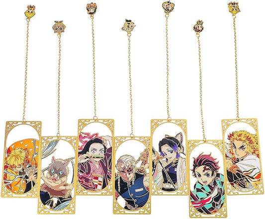 Demon Kamado Bookmark Page Mark, Anime Tanjiron Zenitsu Giyuu Kyoujurou Figure Hollowed-Out Metal Book Mark Reading Tool, Stationery Gifts for Reading Lovers Bookworm (7pcs)