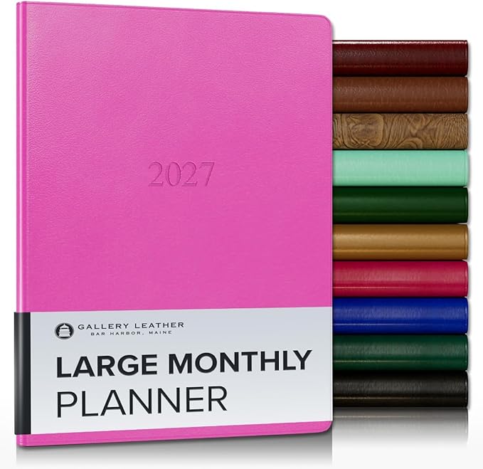 Gallery Leather Large Monthly Planner 2027, Elegantly Bound Calendar Planner and Notebook with Stylish Gold-Gilded Page Edges, 18 Months - Caribbean Fuchsia - 9.75x7.5"