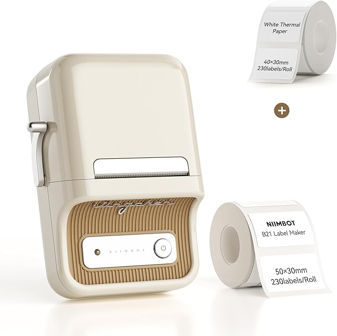 NIIMBOT B21 Bluetooth Label Maker (White) with 1 Roll White Label Tape 40×30mm-230Labels/Roll
