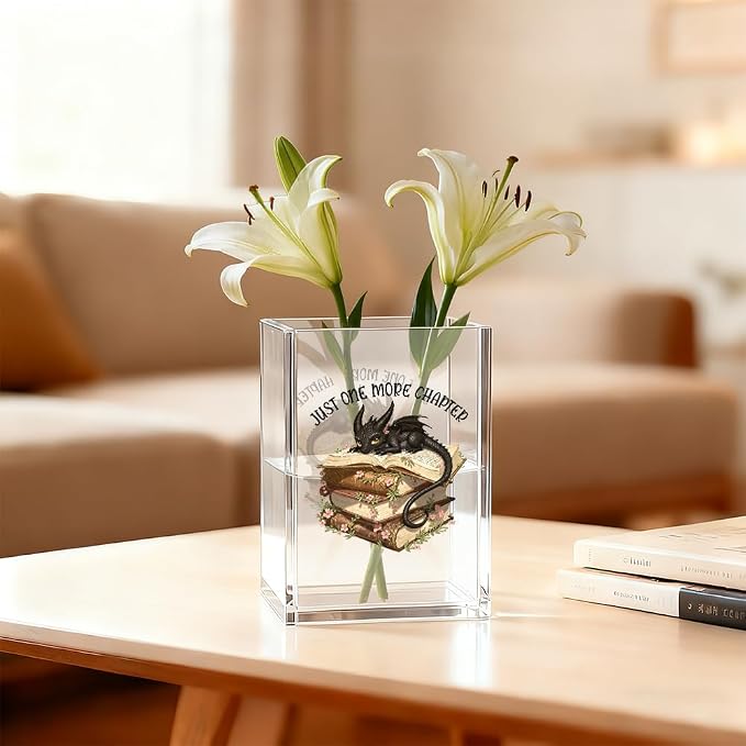 Just One More Chapter Acrylic Pen Holder Cosmetic Organizer, Retro Dragon Book Pen Pencil Holders for Desk, Bookmark Holder for Bookshelf, Bookish Gifts for Librarian Bookworm Reader Teacher
