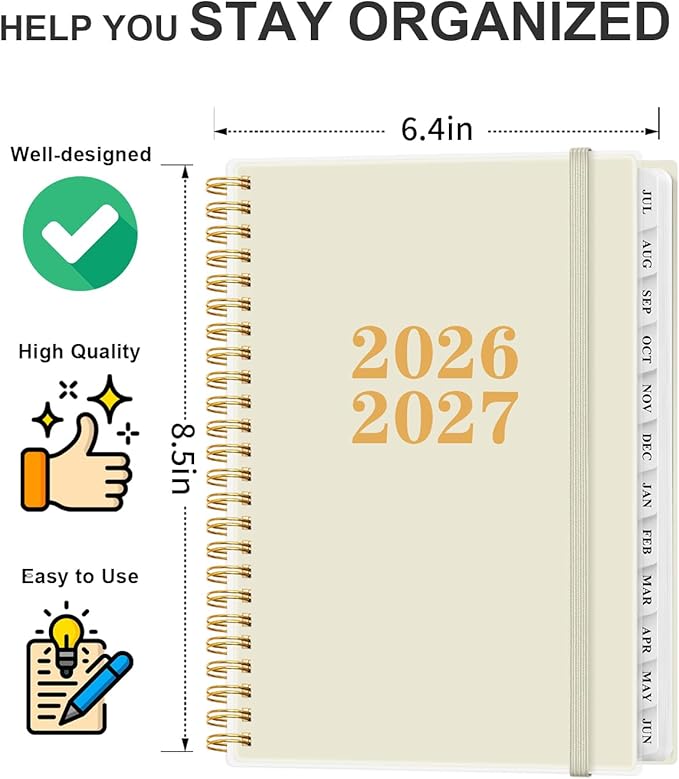Planner 2026-2027 - Academic Planner from July 2026 to June 2027, Weekly & Monthly Planners Spiral Bound with 12-Month Tabs, Inner Pocket, 6.25" x 8.5", Beige