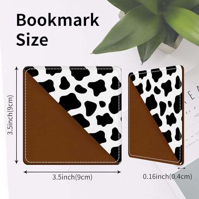 Cute Leather Bookmarks, Fun Triangle Making Corner Bookmark, Book Accessories for Reading Book Lovers, Unbreakable Page Markers for Women Men Black White Cow Print