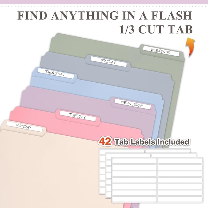 H4D 30 Pack Plastic File Folders Heavy Weight, Poly Colored File Folders 1/3-Cut Tabs with Sticky Labels, Letter Size, Pastel Colors