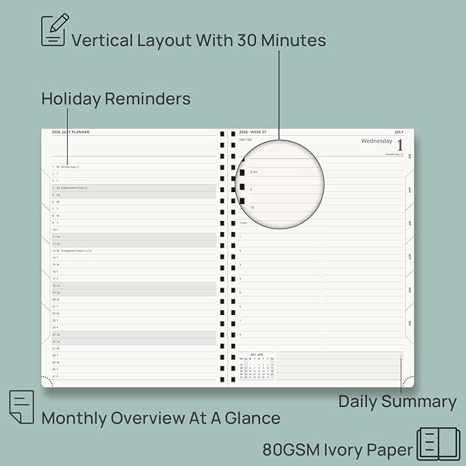 POPRUN 2026-2027 Daily Planner One Page Per Day, Large Size 8.5" x 12", Daily Calendar Book with July 2026 to June 2027, Academic Hardcover Appointment Book with Hourly Time Slots, Spiral Bound, Monthly Tabs - Burgundy