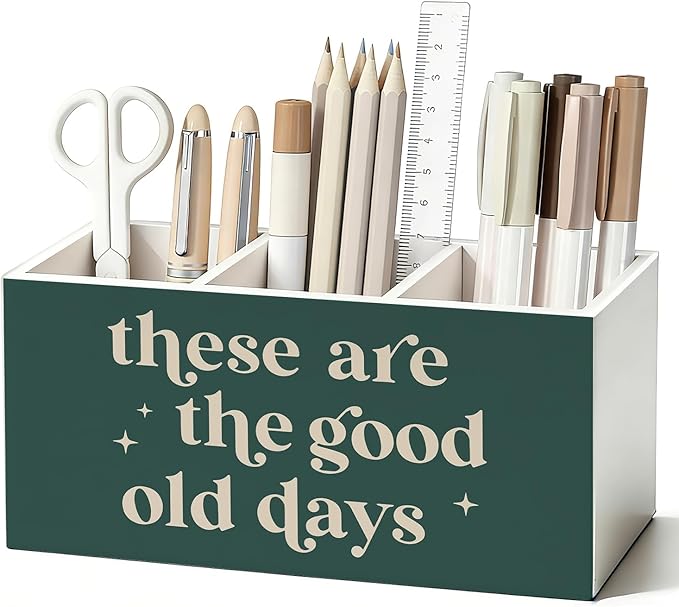 Green Inspirational Pen Pencil Holder for Desk, Motivational Inspirational Gifts, These Are the Good Old Days Positive Affirmation Wooden Box Sign Decorations for Home Office Desk Tabletop