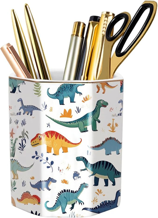 Cute Pen Holder, Pencil Cup for Desk, Desk Organizer, Durable Ceramic Decorative Makeup Brush Desktop Accessories, Stylish Stationery for Office, Home, Cute Dinosaur Pattern