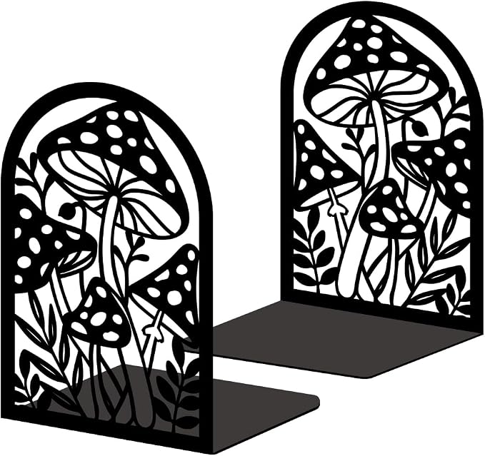 Mushroom Book Ends Design, Metal Bookends for Decorative Books, Heavy Duty Bookends for Shelves, 3.5"x4.7"x7.1" Book Stopper for Home Office School Bookshelf Decor