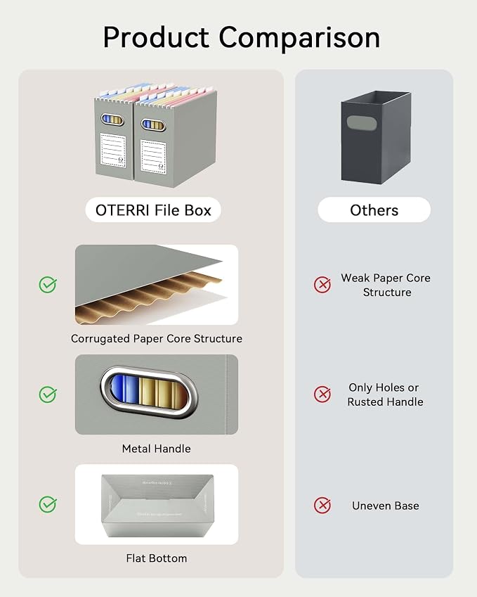 Oterri File Organizer Box, Portable Collapsible Cardboard File Folder Organizer with Handle for Letter Size Hanging Files, Document Storage Box for Home Office & Classroom (4 Packs, Grey)