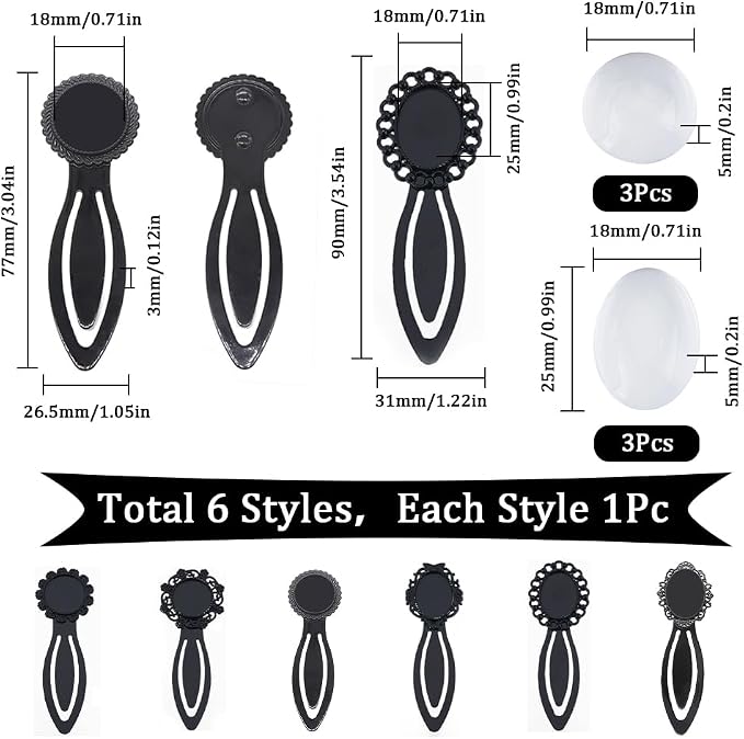 SUNNYCLUE 1 Box 12Pcs DIY 6 Sets Cabochon Bookmark Retro Style Black Metal Bookmarks Blanks Glass Dome Vintage Bookmark Bezel Tray Book Marks Clip Round Oval Clear Cabochons for Bookworm DIY Crafts