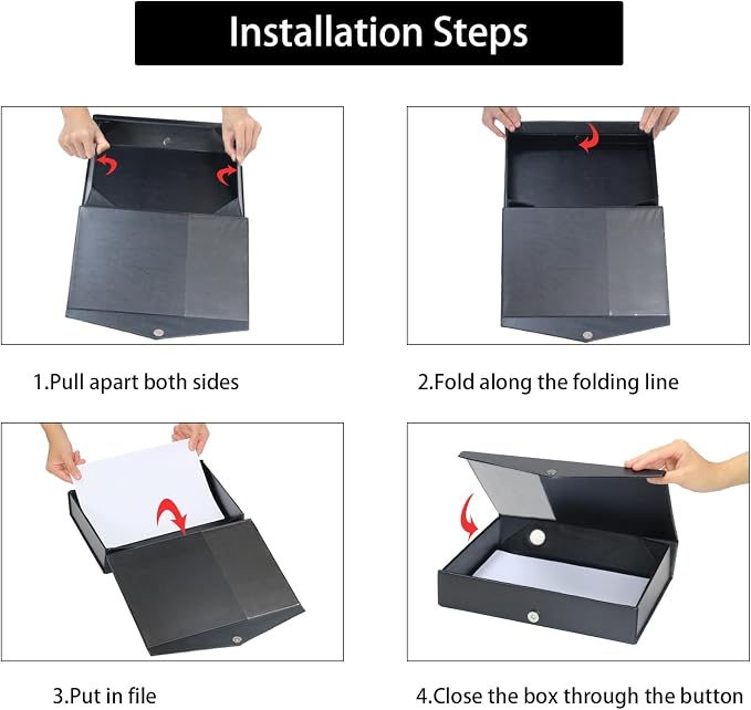 6 Pack Foldable A4 Box Files,Plastic Archive Folders,65mm Spine, Document Box for Office（Black）