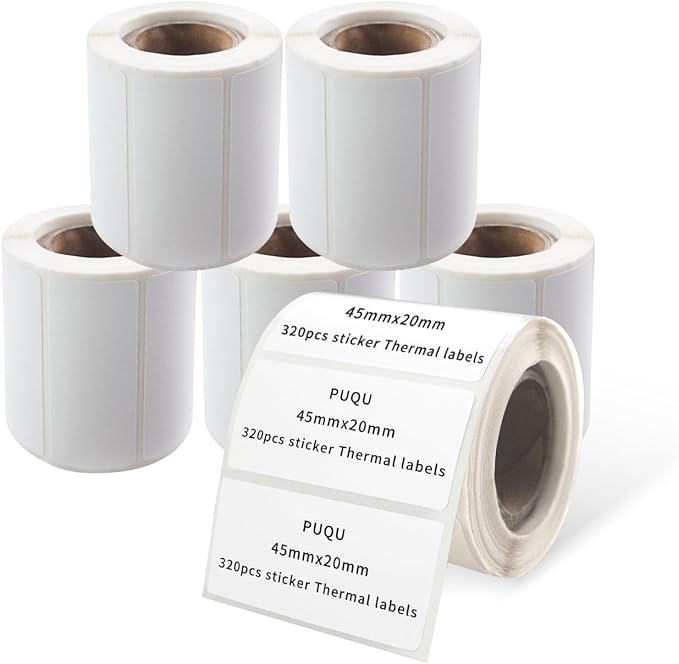 PUQU 45x20mm Direct Thermal Sticker Labels, Self-Adhesive All-Purpose Label Maker Tape, Compatible with AQ Series Label Printer, Refills Standard Laminated Office Labeling, 6 Rolls, 1920 Labels