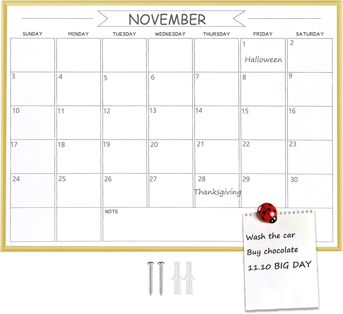 Dry Erase Monthly Calendar Whiteboard, 10.5"x 14.5" Gold Aluminum Frame, Magnetic White Board for Wall Office/School/Home, Hanging Board for Decoration/Kitchen Grocery List（YL-Gold-2737-B）