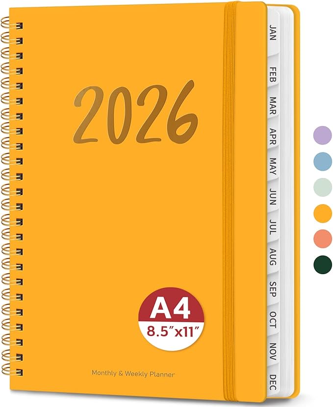 2026 Planner - Weekly and Monthly Planner, January 2026 to December 2026, Spiral Bound 2026 Calendar Planner Book, Inner Pocket, Perfect for Office Home School Supplies - A4 (8.5" x 11"), Yellow