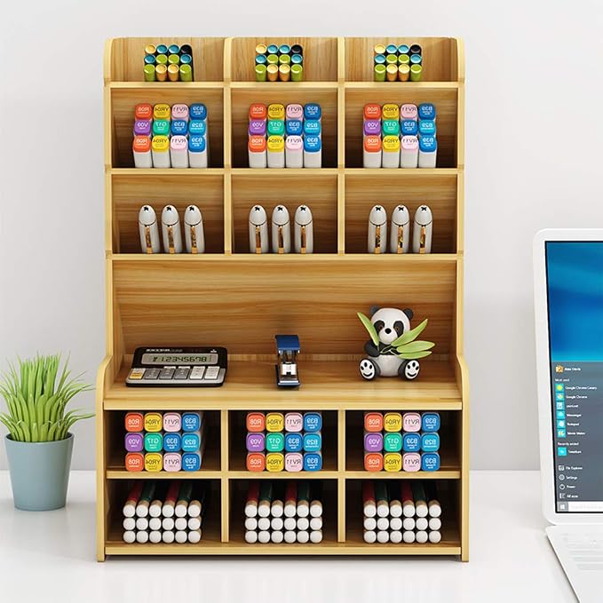 Hggzeg Wooden Desk Organizer, Large Capacity DIY Pen Holder Storage Box Desktop Stationary Storage Rack, Pen Organizer Caddies for Office, Home and School Supplies (B15-Cherry Color)