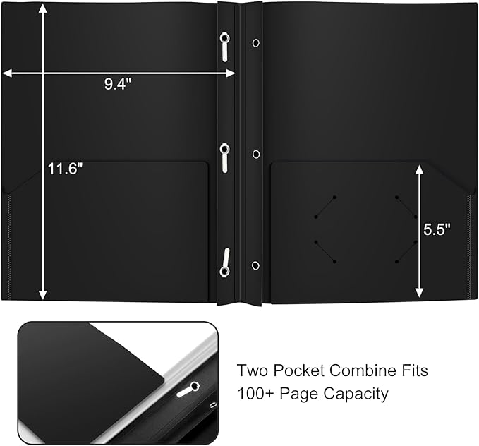 ViVin 12 Pack Plastic Folders with Pockets and Prongs, Heavy Duty 2 Pocket Folders with 3-Prong Fasteners, Poly File Holds 8-1/2" x 11" Paper for School Office Home (Black)
