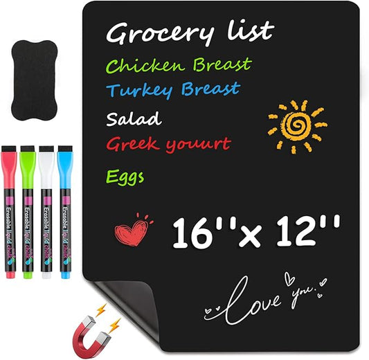 MaxGear Magnetic Black Dry Erase Board Sheet for Refrigerator, 16"x12" Fridge Magnetic Whiteboard for Kitchen, Fridge Shopping List for Family Planner and Grocery List, 4 Chalk Markers, 1 Eraser