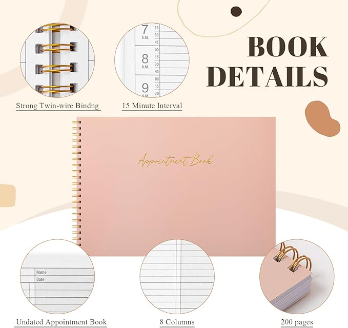 Maitys 2026-2027 Large 8 Column Salon Appointment Book for Hairstylist Spa Business, Hourly Planner 15 Minute Interval, 200 Pages Undated 6 Am 9 Pm Spiral Bound Checklist Planner(Pink, Minimalist)