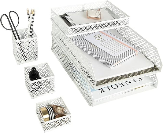 BLU MONACO | White Desk Organizer Set | 6 Piece Metal Desk Organizer with Pen Cup, Accessory Trays, and Letter Trays | Desk Organizers and Accessories for Office