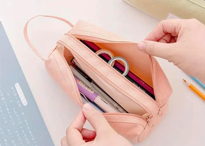 Large Capacity Pink Pencil Organizer with 2 Zipper Pockets, Durable Canvas Stationery Bag for School and Office Supplies, Multi-Purpose Pen Pouch and Travel Storage Case (Pink)