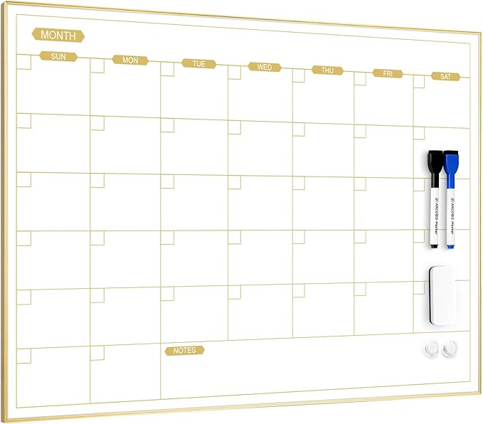 ARCOBIS Monthly Calendar Whiteboard for Wall, 24" x 18" Magnetic Dry Erase Calendar with Gold Frame, Wall Hanging Planner for Home, Office, School
