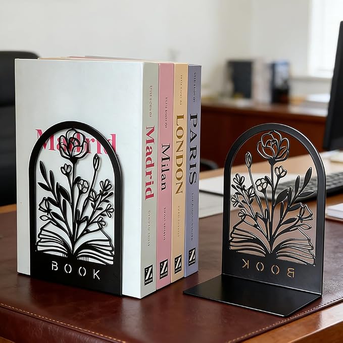 Book Ends, Bookends, Book Ends for Shelves, 2Pair Non Skid Metal Book Divider Decorative Holder, Abstract Art Desgin Book Stopper Supports for Office, Home (Flower Book)