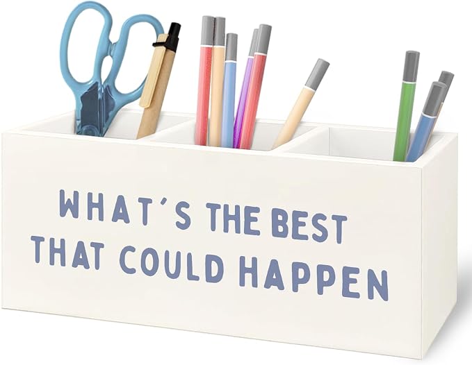 What's the Best That Could Happen Inspirational Wooden Pen Pencil Holder for Office Desk Accessories, Motivational Desk Decor, Retro Blue Makeup Brush Toothbrush Holder Organizer