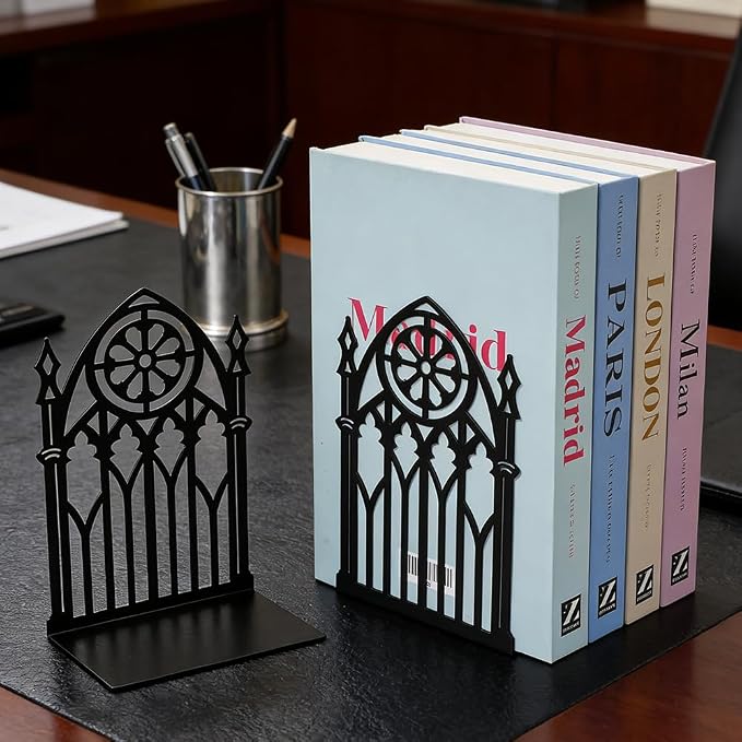 Book Ends, Bookends, Book Ends for Shelves, 3 Pair Non Skid Metal Book Divider Decorative Holder, Abstract Art Desgin Book Stopper Supports for Office, Home (3 Pairs Gothic Bookends)