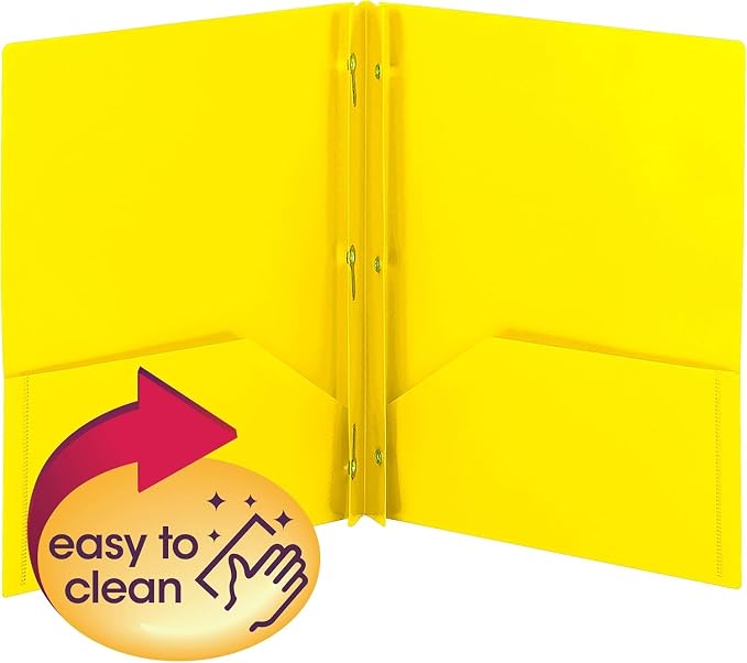 Smead Poly Two-Pocket Folder, Three-Hole Punch Prong Fasteners, Letter Size, Yellow, 6 Count