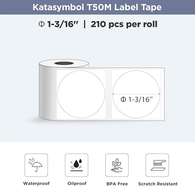 SUPVAN T50M Label Maker Tape Adapted Label Print Paper Refill White Round Size Φ1.18 210pcs Thermal Laminated Waterproof Self-Adhesive Multipurpose Labeling Tape Replacement