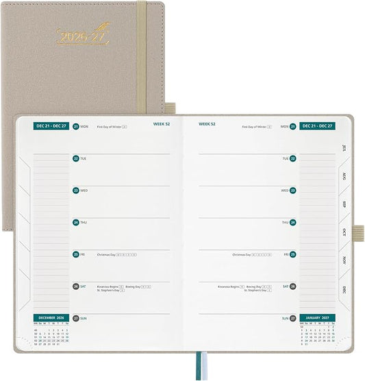 BEZEND Weekly Planner 2026-2027 (6" x 8.5") 2-Column Dual Schedule for Work/School/Home or 2 Person (Jul 26-Dec 27) 18 Months Academic Calendar with Tabs, PU Leather Hardcover -Beige