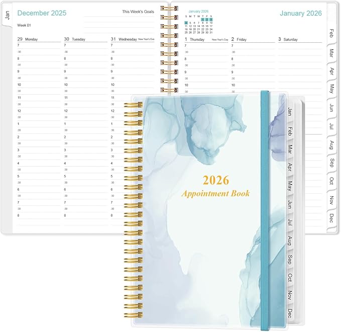 2026 Appointment Book & Planner - Hourly Planner from January 2026 -December 2026, Weekly Appointment Book 2026 with 30-Minute Interval, 6.4" x 8.5", Blue Watercolor