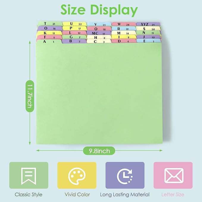 1 Set A-Z Alphabetical File Folder Guide Dividers, Alphabetic and Number Top Label Files, Legal Size, 25 Sheets Letter Size 1/5 Cut Positions File Cabinet Dividers for Office Home School