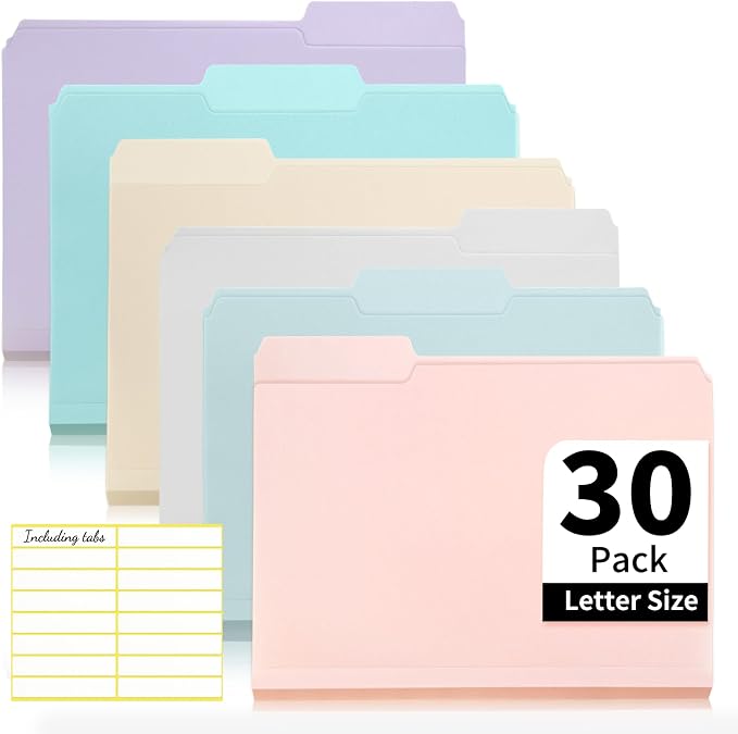 Color Folders 8.5 x 11 Inch, 1/3 Cut Tab File Folders Letter Size with Labels, Assorted Colors School Business Office Folders for Document