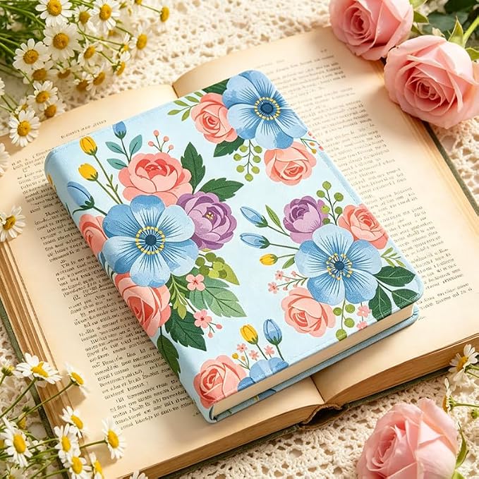 Blue and Pink Flowers Patern Stretchable Book Cover 15.7"x9.8", Elastic Washable Book Protector for Hardcover Textbooks Paperbacks, Reusable Polyester Book Sleeve for Women