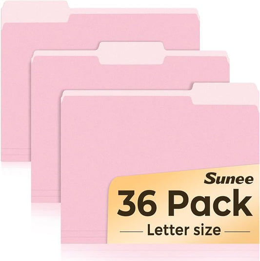 SUNEE File Folders, 36 Pack Manilla Folders 8.5 x 11, Colored File Folders Home Office School Supplies for Documents Files Paper, Pink
