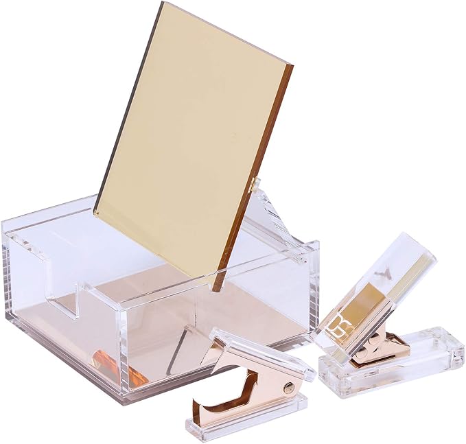 Acrylic & Gold Stationery Bundle: 1) Hole Punch 1) Staple Remover 1) Built-in Mirror Box - All Gold Everything by Draymond Story