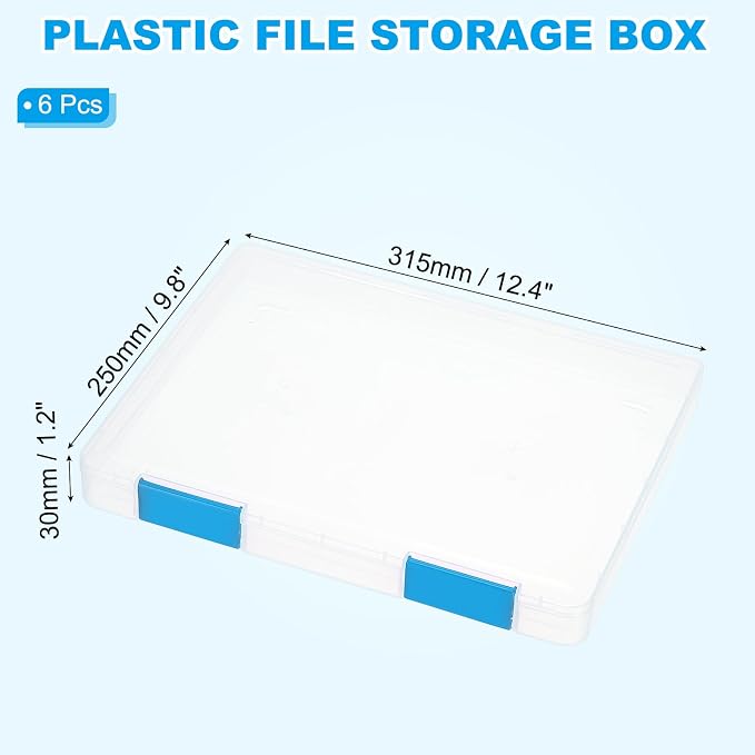 PATIKIL Clear A4 File Portable Project Case with Buckle Plastic Storage Box for 8.5" x 11" Letter Paper Scrapbook Paper Storage Boxes, 6Pcs, 12.4"x9.8"x1.2", Blue