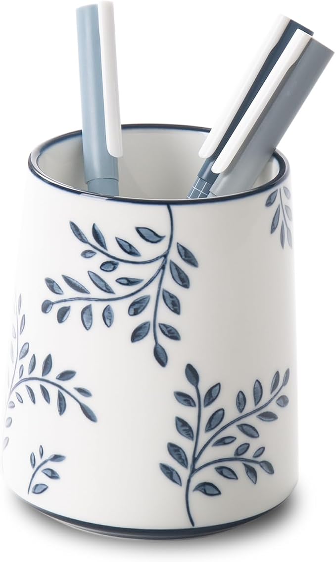 Pencil Holder for Desk, Ceramic Pen Holder, Blue and White Chinoiserie Desk Pen Organizer, Leaf