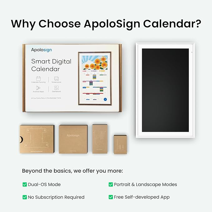 Apolosign 21.5-inch Digital Calendar : Dual Mode Smart Wall Planner, No Subscription, Install Apps, Sync Calendars, Electronic Touchscreen Interactive Display for Family Schedules, Chore Chart (White)
